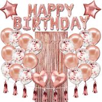 Happy Birthday Balloons Banner，Rose Gold Foil Birthday Decorations with Tassels and Ribbons for Al