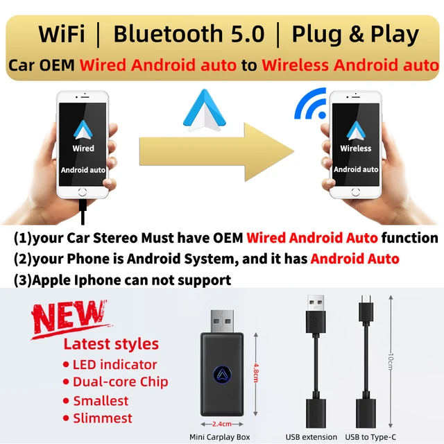 New Upgrade Mini Android Auto Adapter for Wired Android Auto Smart Carplay Ai Box Bluetooth WiFi Aut
