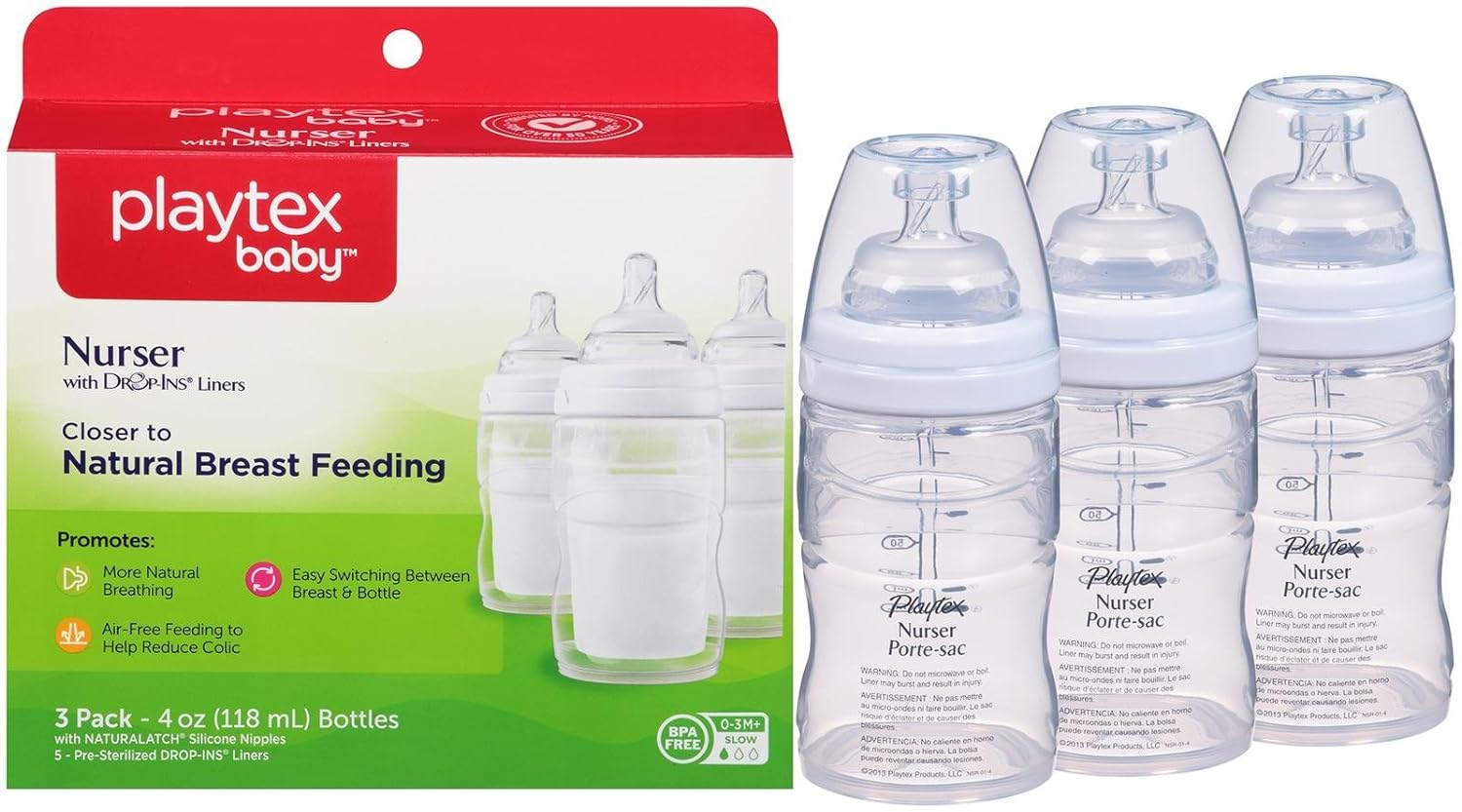Playtex Baby Nurser Baby Bottle with Drop-Ins Disposable Liners, Closer to Breastfeeding, 4 Ounce - 