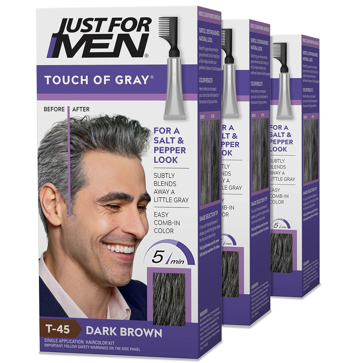 Just For Men Touch of Gray, Gray Hair Coloring for Men with Comb Applicator Dark Brown, T-45 - Pack 