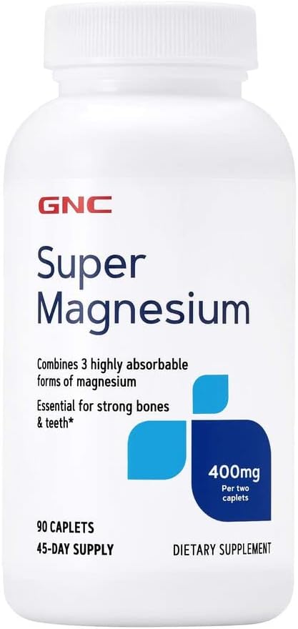GNC Super Magnesium 400mg, 90 Caplets, Supports Strong Bones and Teeth