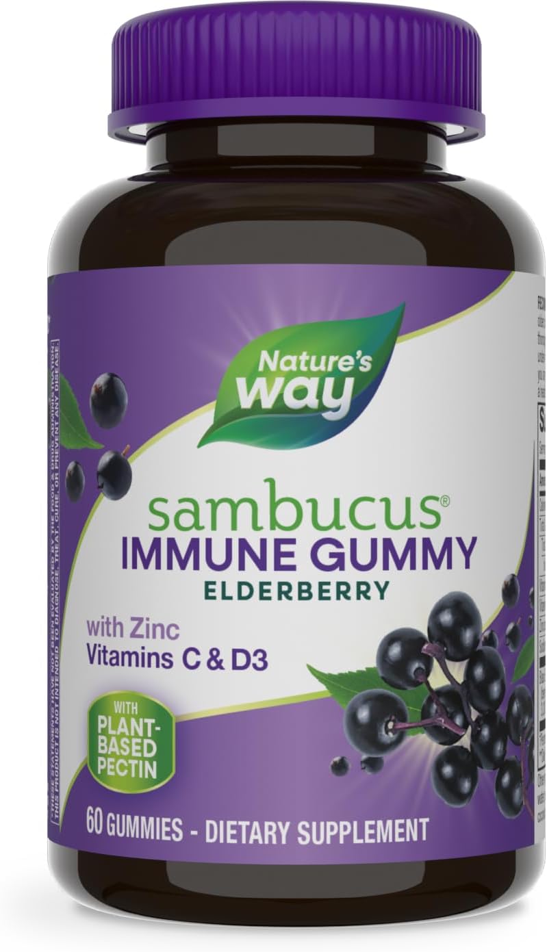 Natures Way Sambucus Elderberry Gummies, Herbal Supplements with Vitamin C and Zinc, Gluten Free, Ve
