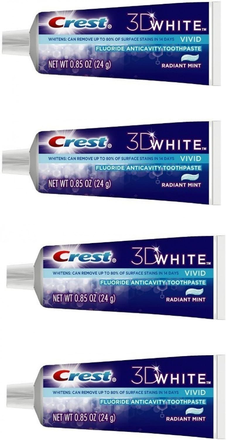 Crest 3D White Vivid Fluoride Anticavity Toothpaste Radiant Mint 0.85 oz Travel Size, Pack of 4