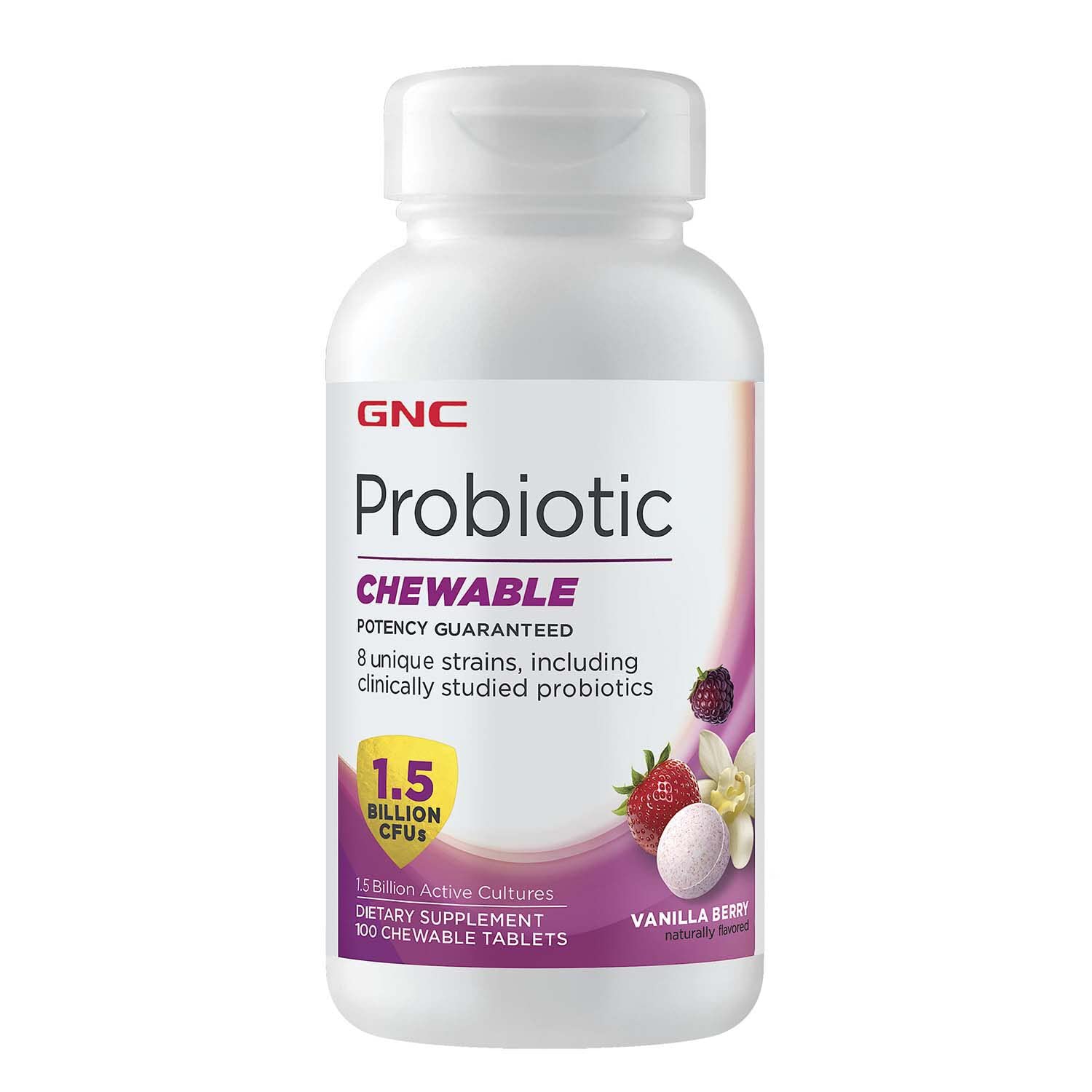 GNC Probiotic Chewable with 1.5 Billion CFUs - Vanilla Berry, 100 Tablets, Daily Probiotic Support