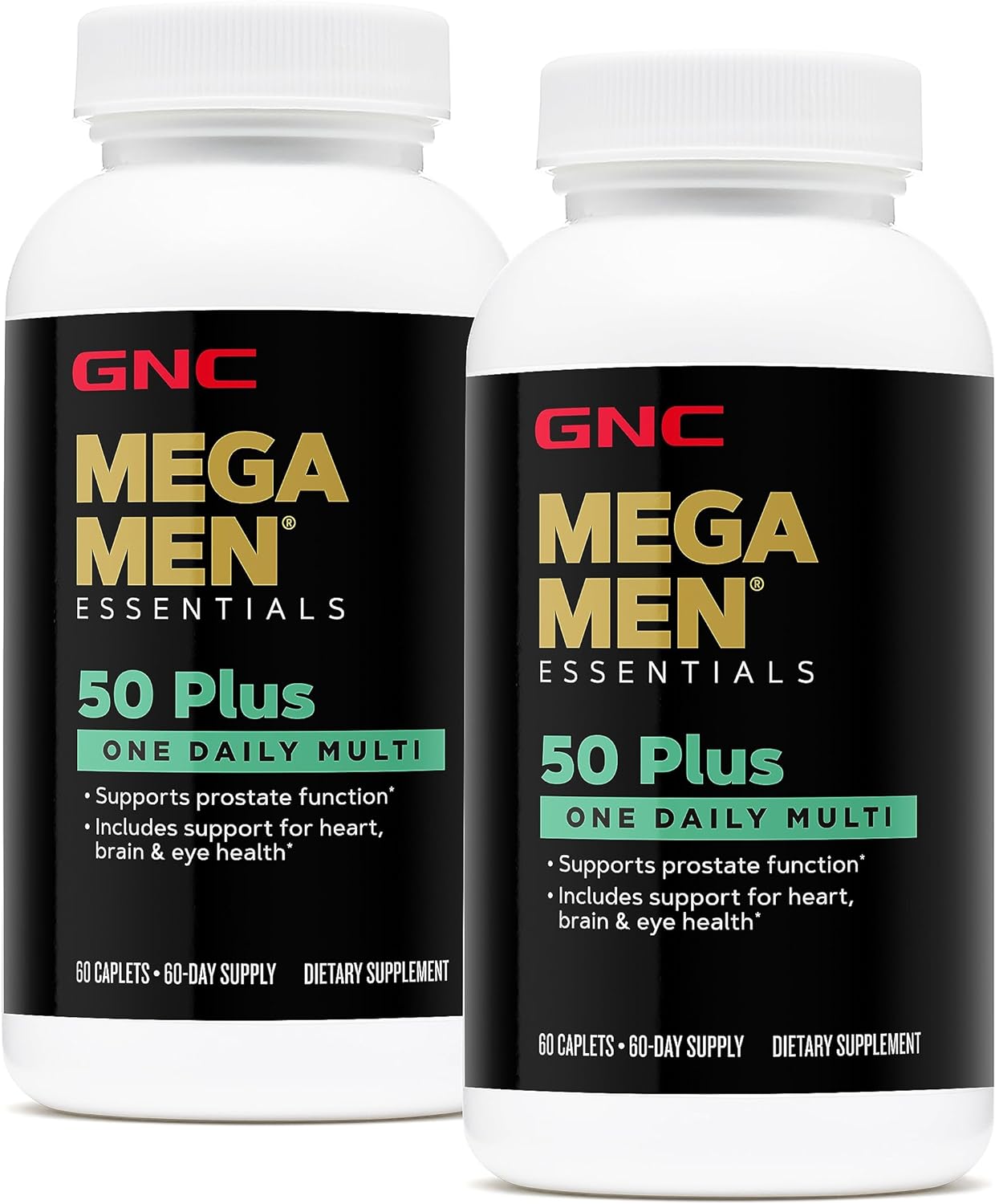 GNC Mega Men 50 Plus One Daily Multivitamin, Twin Pack, 60 Caplets per Bottle, Supports Heart, Brain