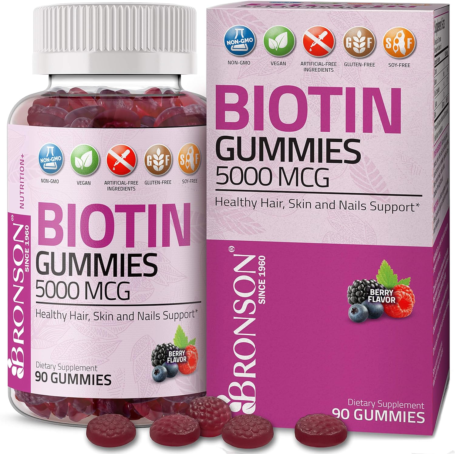 Bronson High Potency Biotin Gummies 5000 mcg Natural Hair Skin & Nails, Vegan Pectin-Based Non-G