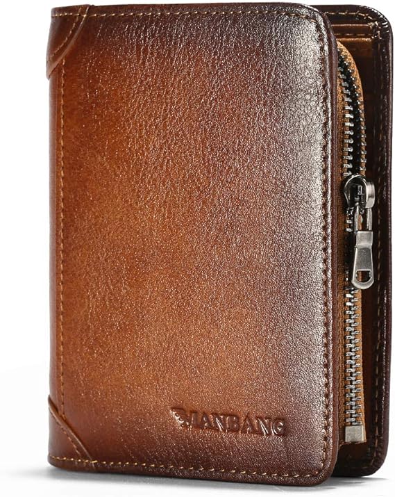 MANBANG Mens Wallet Zipper Genuine Leather RFID Card Ho
