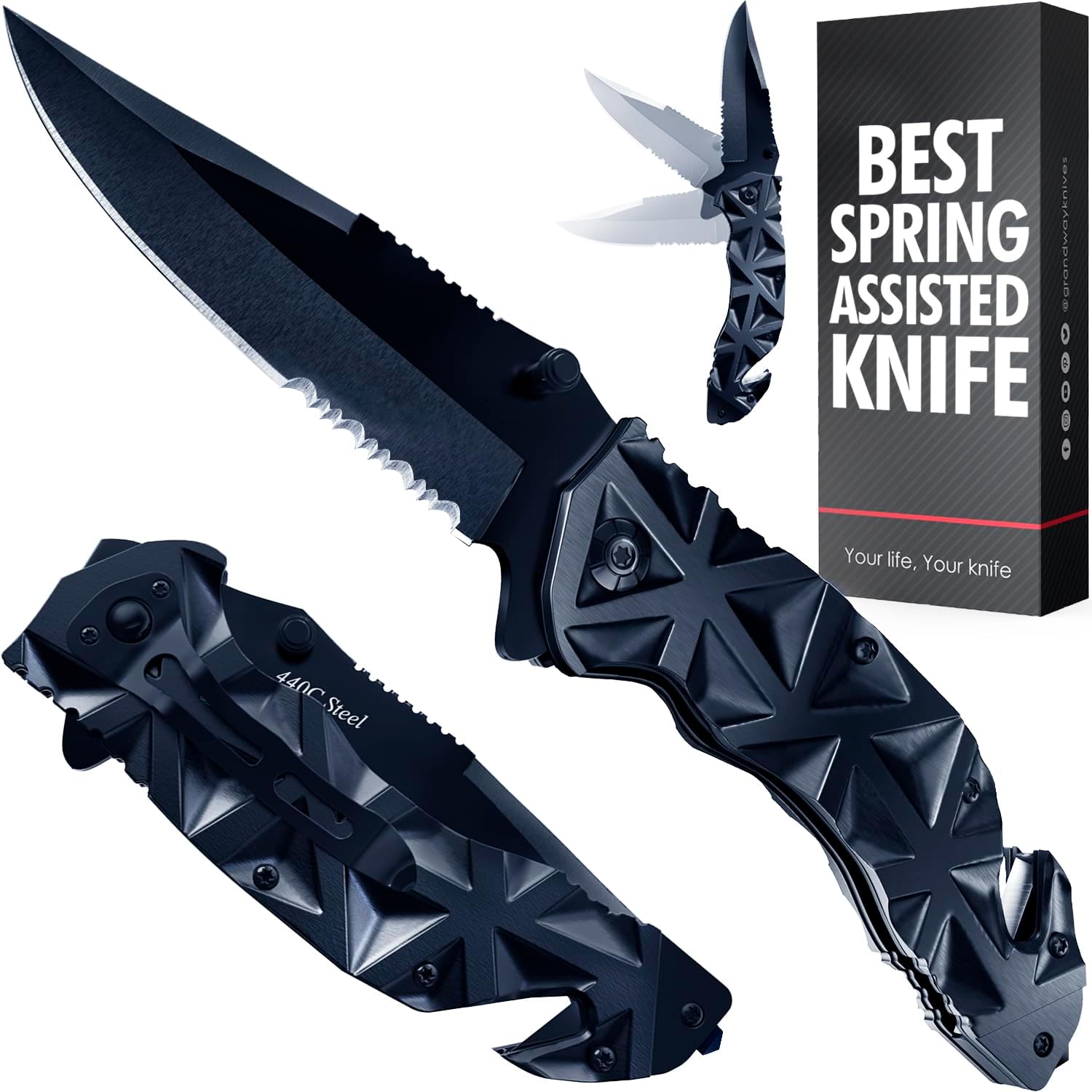 Black Pocket Knife - Serrated Sharp 3,5" Blade Folding Knives - Spring Assisted Tactical Huntin