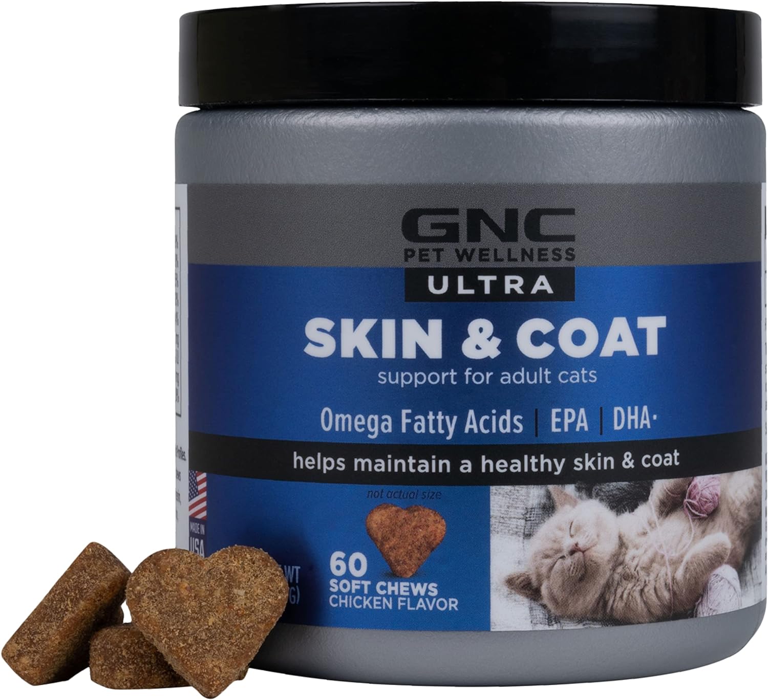 GNC Pets Ultra Skin & Coat Soft Chews, Cats, Chicken Flavor. 60-ct in an 8-oz Canister | Skin an