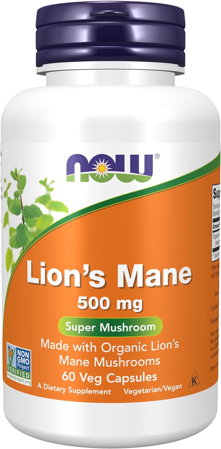 NOW Supplements, Lions Mane 500 mg, Super Mushroom, Made with Organic Lion's Mane Mushrooms, 60 Veg 