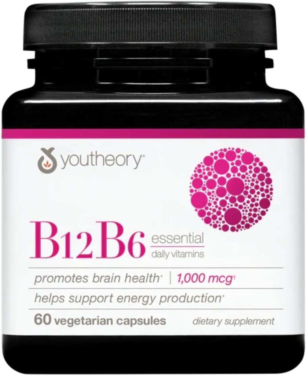 Youtheory Vitamin B12 B6, Daily Energy and Brain Support Supplement, Vegetarian Capsules, 60 ct