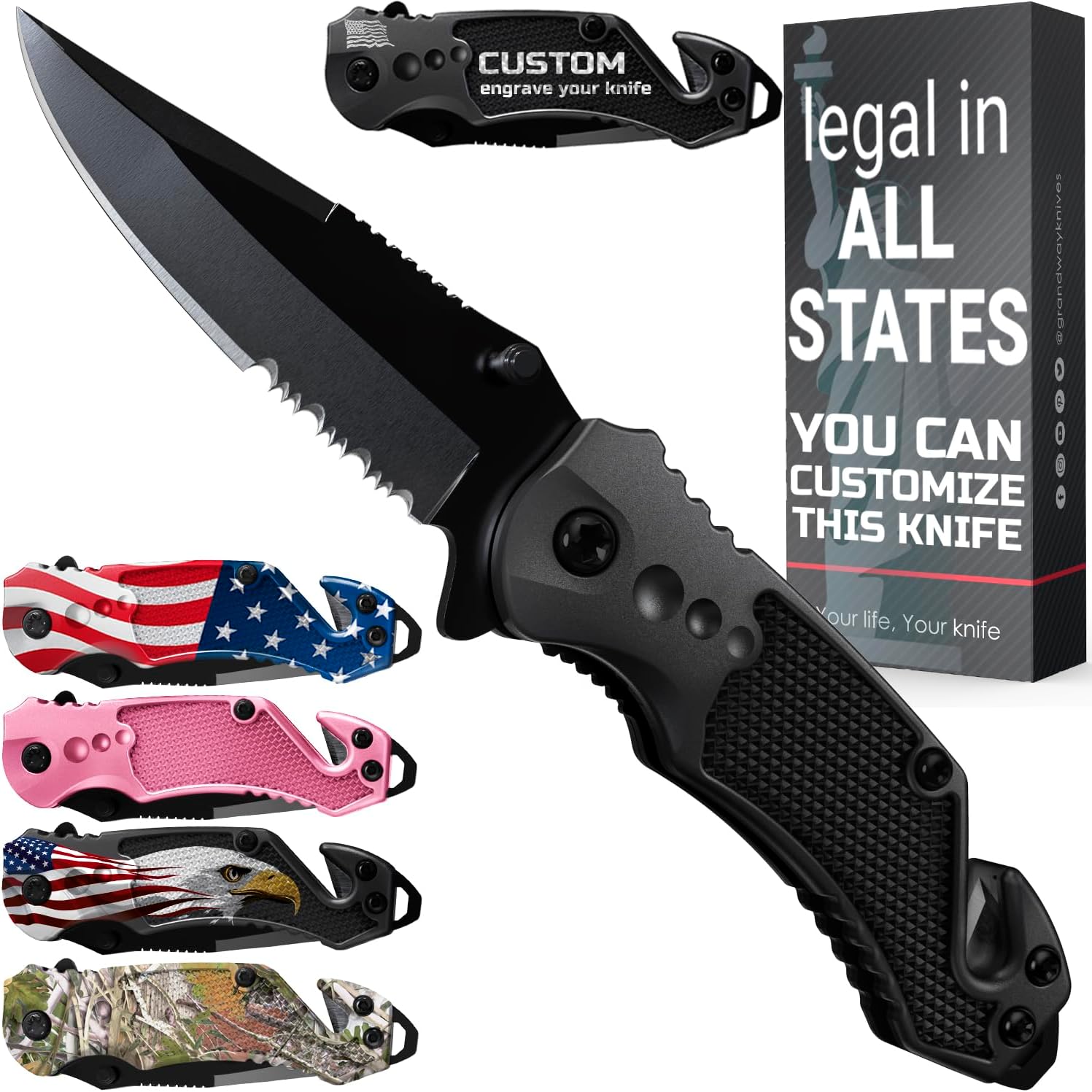 2,95” Serrated Blade Pocket Knife - Black Folding Knife with Glass Breaker and Seatbelt Cutter - S