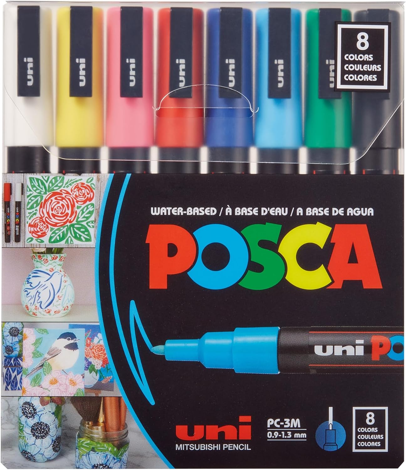 uni POSCA PC-3M Water-Based Paint Markers, Reversible Fine Tip, Assorted Colors, Pack of 8 Markers