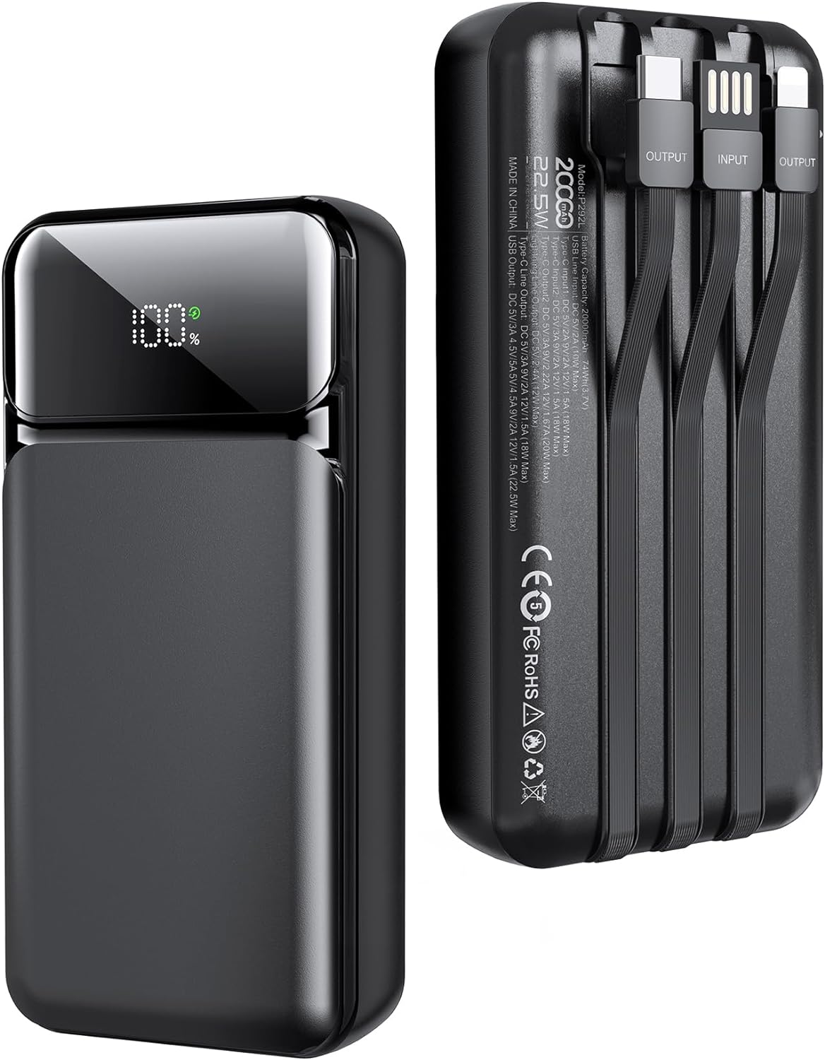 Guowo Portable Charger Power Bank with Built-in Cable, 