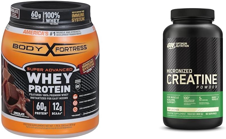 Body Fortress 100% Whey & Optimum Nutrition Micronized Creatine Monohydrate Powder, Unflavored, 