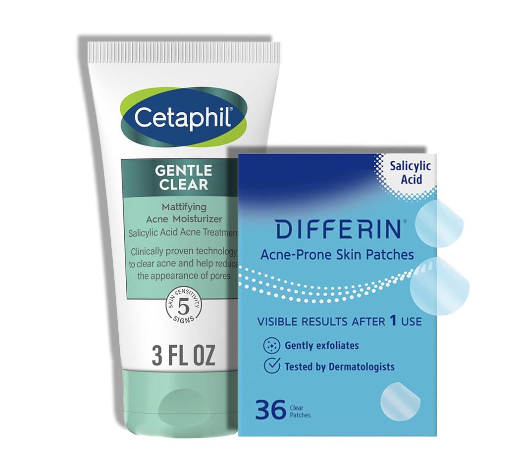 Cetaphil Gentle Clear Acne Moisturizer and Differin Patch Set: 36 Differin Power Patches, 18 large a